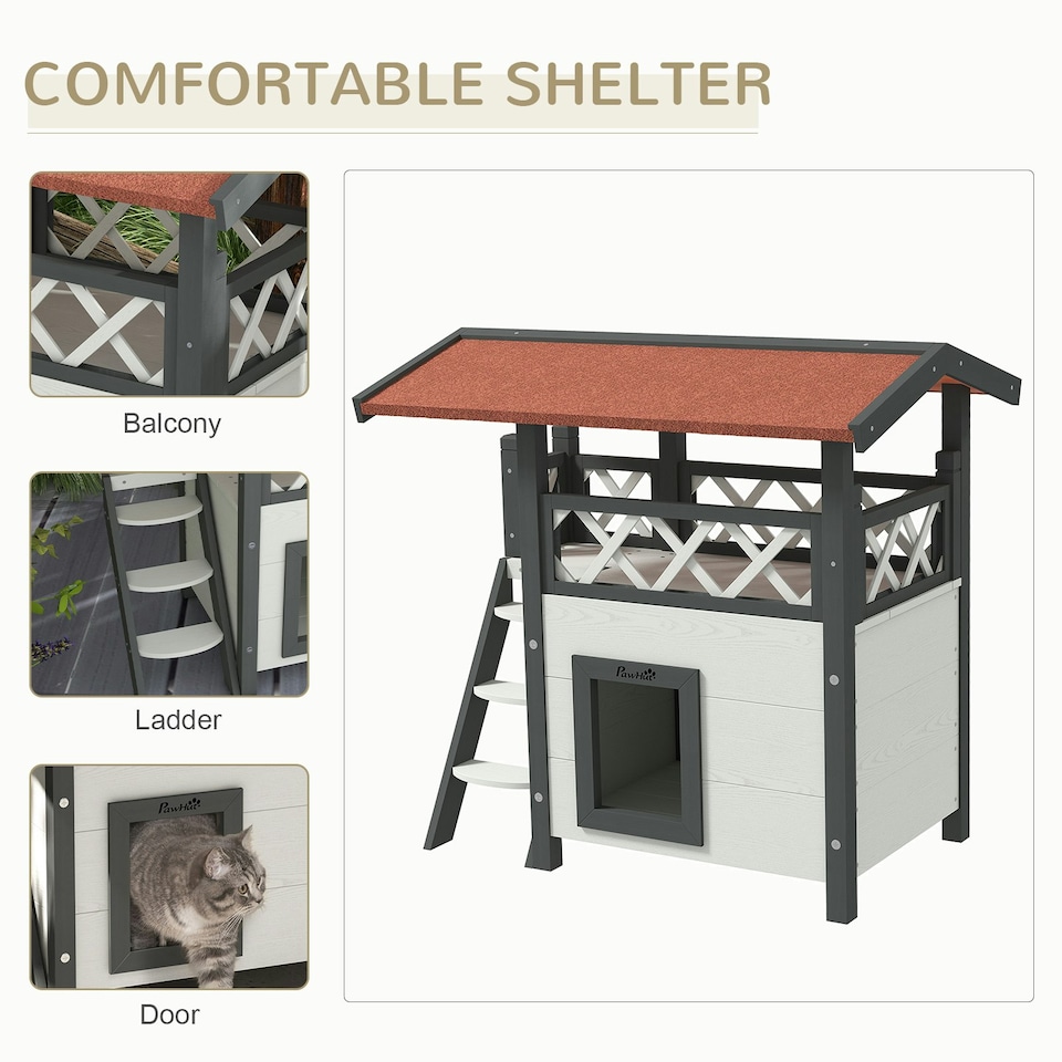 image 1 of PawHut Outdoor Cat House w/ Balcony Stairs Roof, White