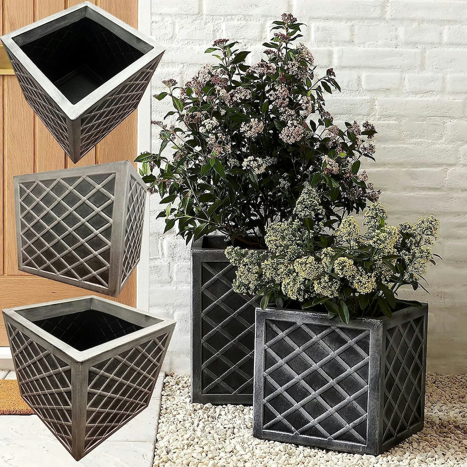 image 1 of 1 x Square Lazio Effect Large Pewter Gray Patio Planter Ideal For Flowers & Plants | Grey