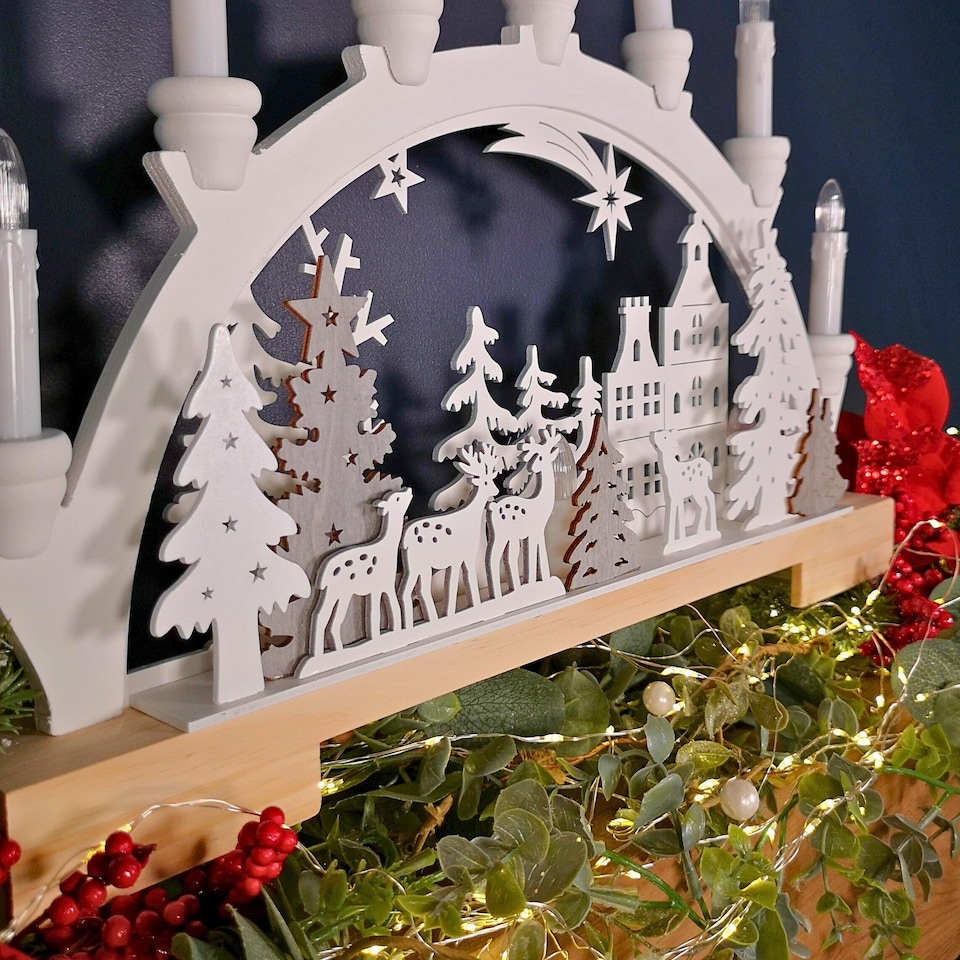 image 1 of 45cm Battery Operated Warm White LED Wooden Arch Reindeer Scene Candle Bridge Christmas Decoration