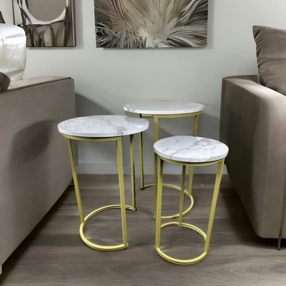 image 1 of Set Of 3 Gold Nesting Tables With Faux Marble Top White