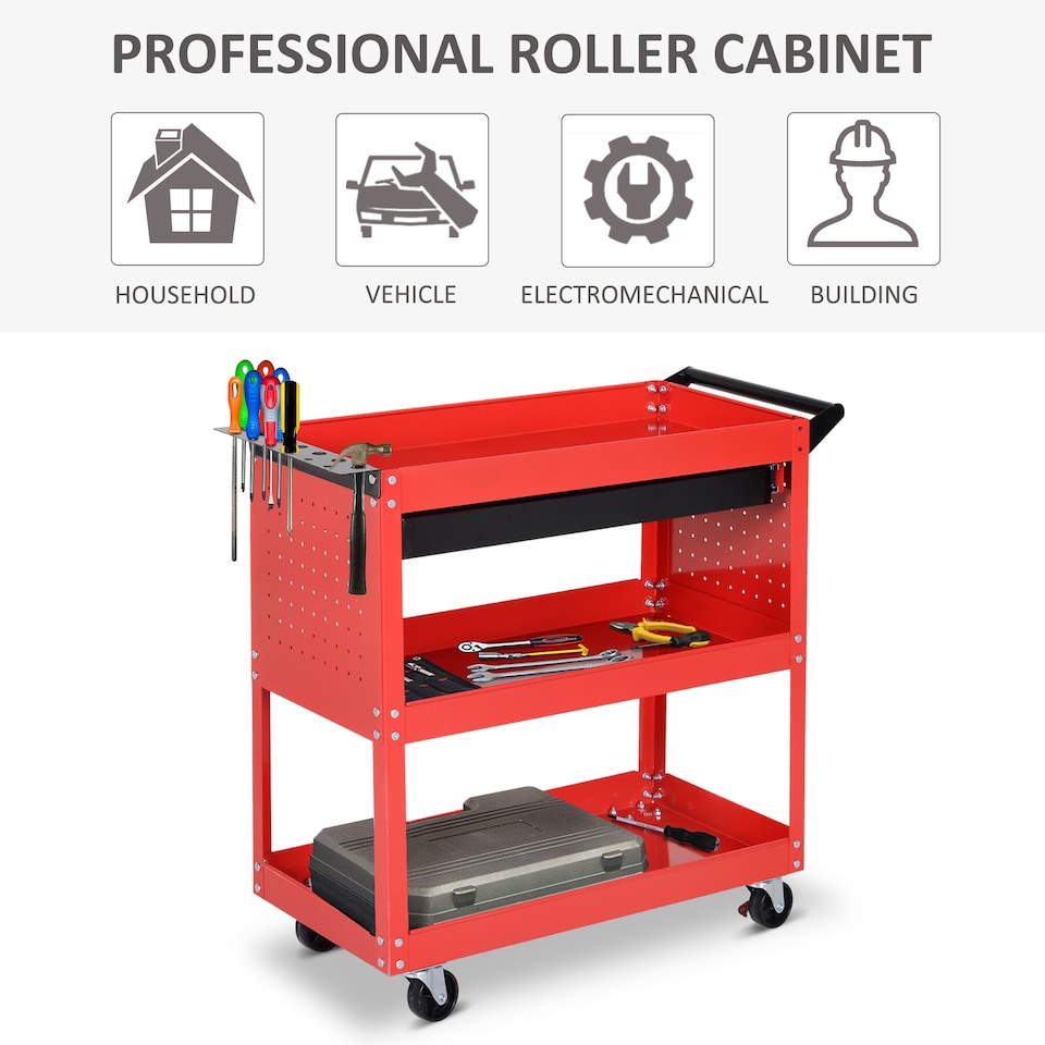 image 1 of DURHAND 3-Tier Tool Trolley Cart Storage Shelf Roller Cabinet DIY Box Garage Workshop with Drawer Red