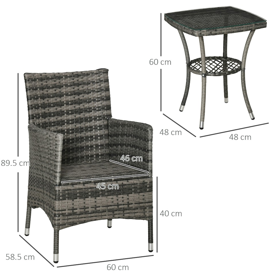 image 1 of Outsunny Rattan Bistro Set Garden Chair Table Patio Outdoor, Mixed Grey