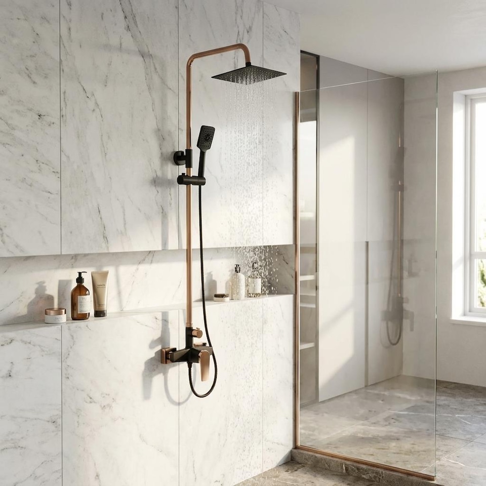 image 1 of Black/Rose Gold Brass Bathroom Shower Column Set Handshower Square Rainfall