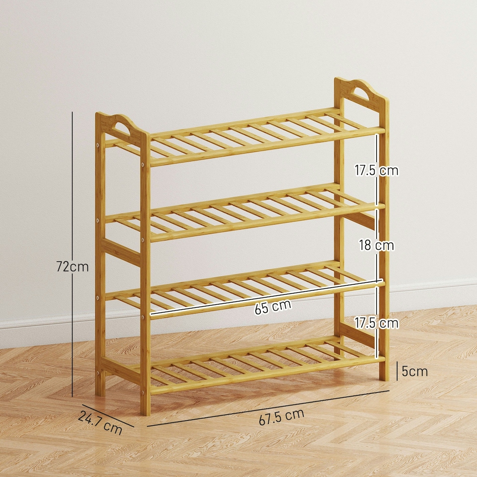 image 1 of HOMCOM 4-Tier Shoe Rack, Bamboo Shoe Shelf Stand, Natural Wood Finish Brown