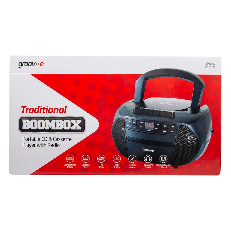image 1 of Groov-e GVPS833/BK Traditional Boombox Portable CD & Cassette Player with Radio - Black