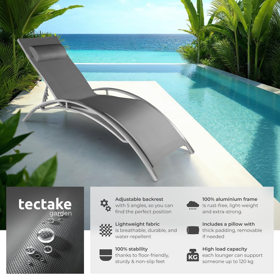 image 1 of Sun Lounger Set of 2 Alina - 5-step backrest, head cushion, aluminium frame | Grey | grey | 2