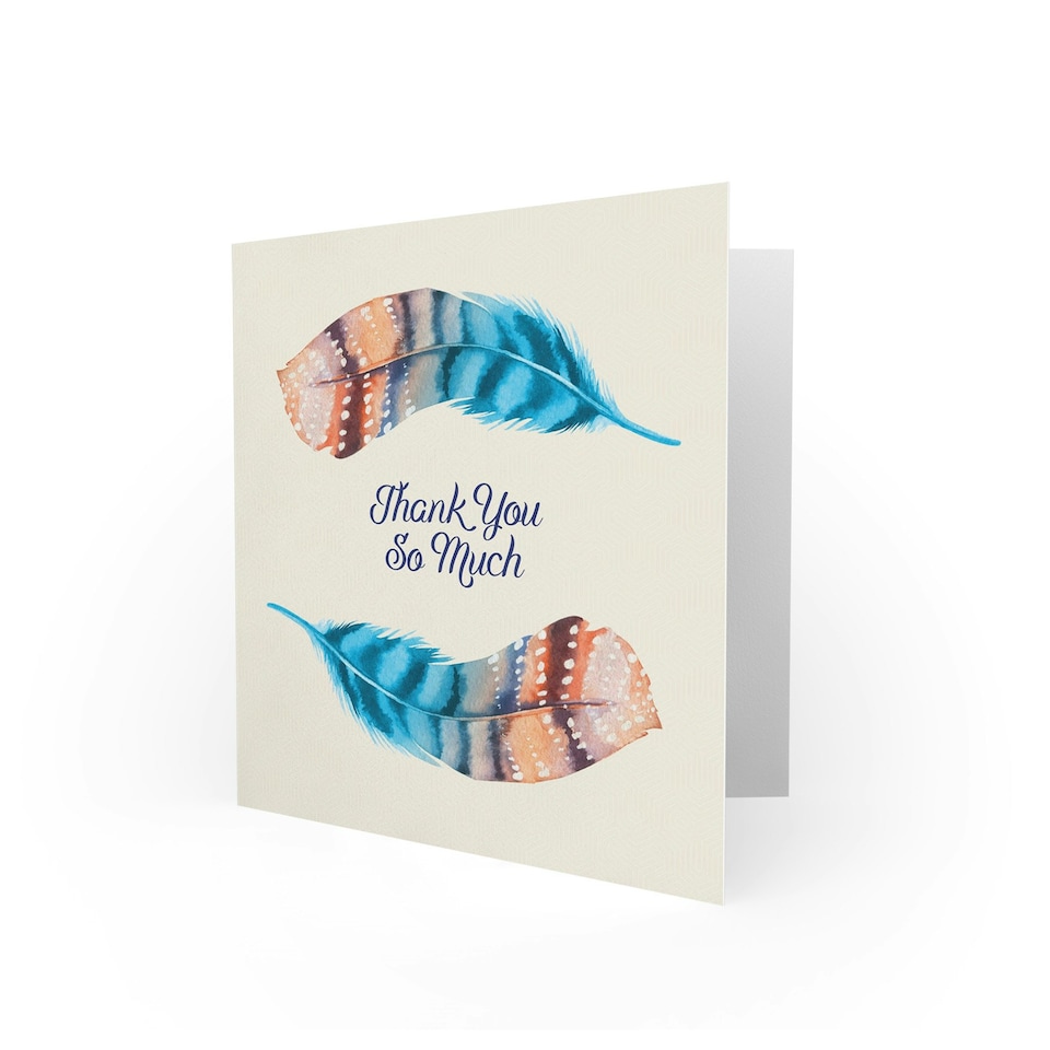 image 1 of Feather Set Watercolour Paint Cyan Orange Thank You Card