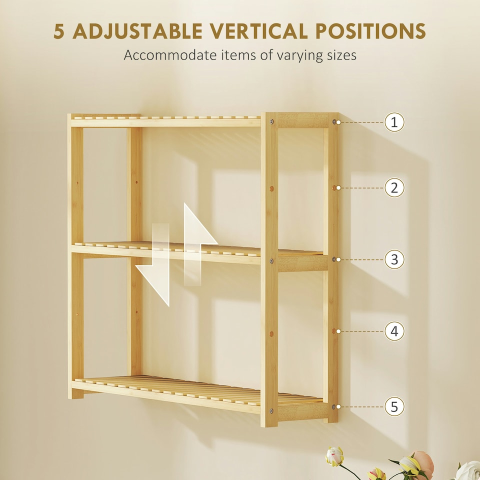 image 1 of HOMCOM 3-Tier Bamboo Adjustable Bathroom Storage Shelf, Natural