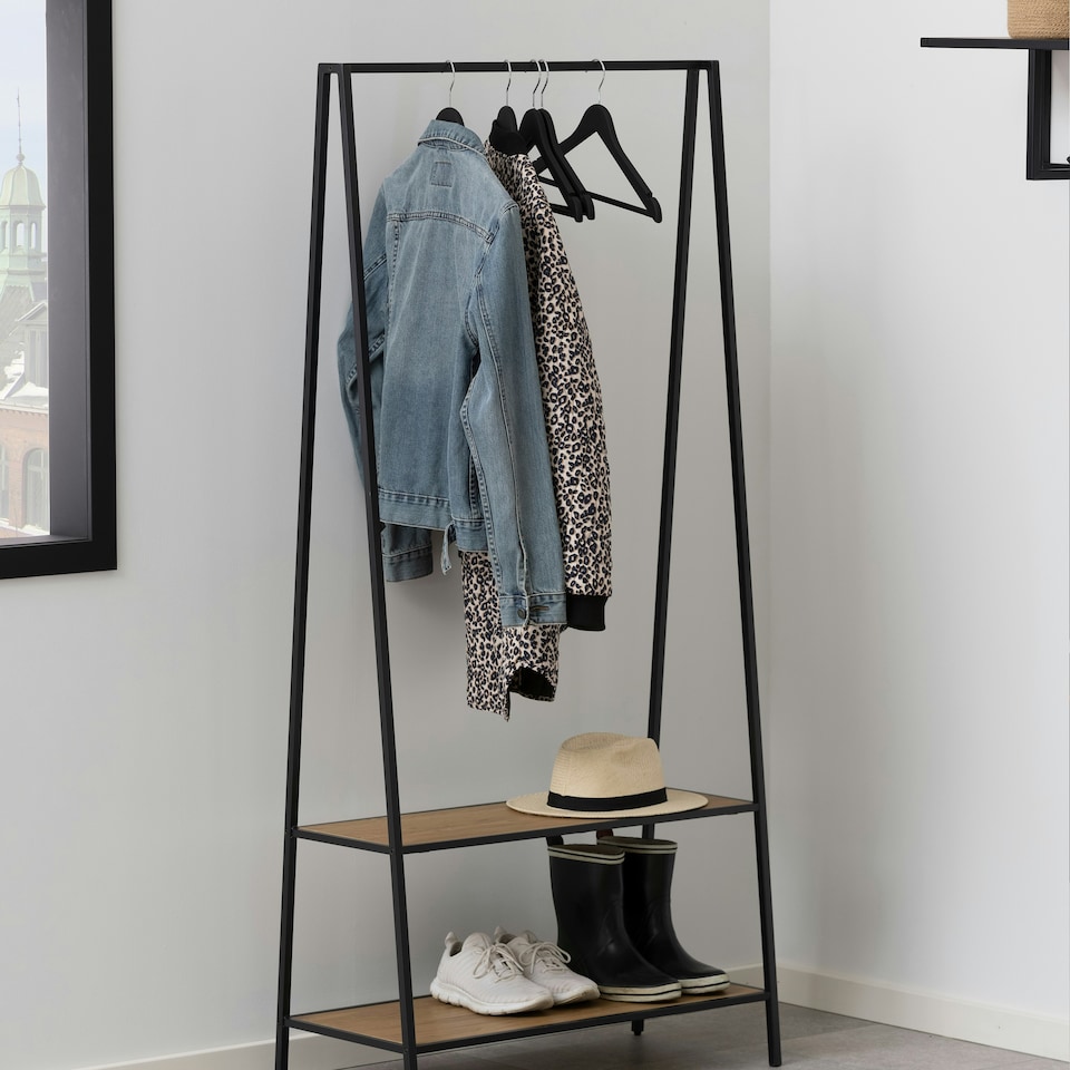 image 1 of Seaford Black Metal Clothes Rack with 2 Oak Shelves