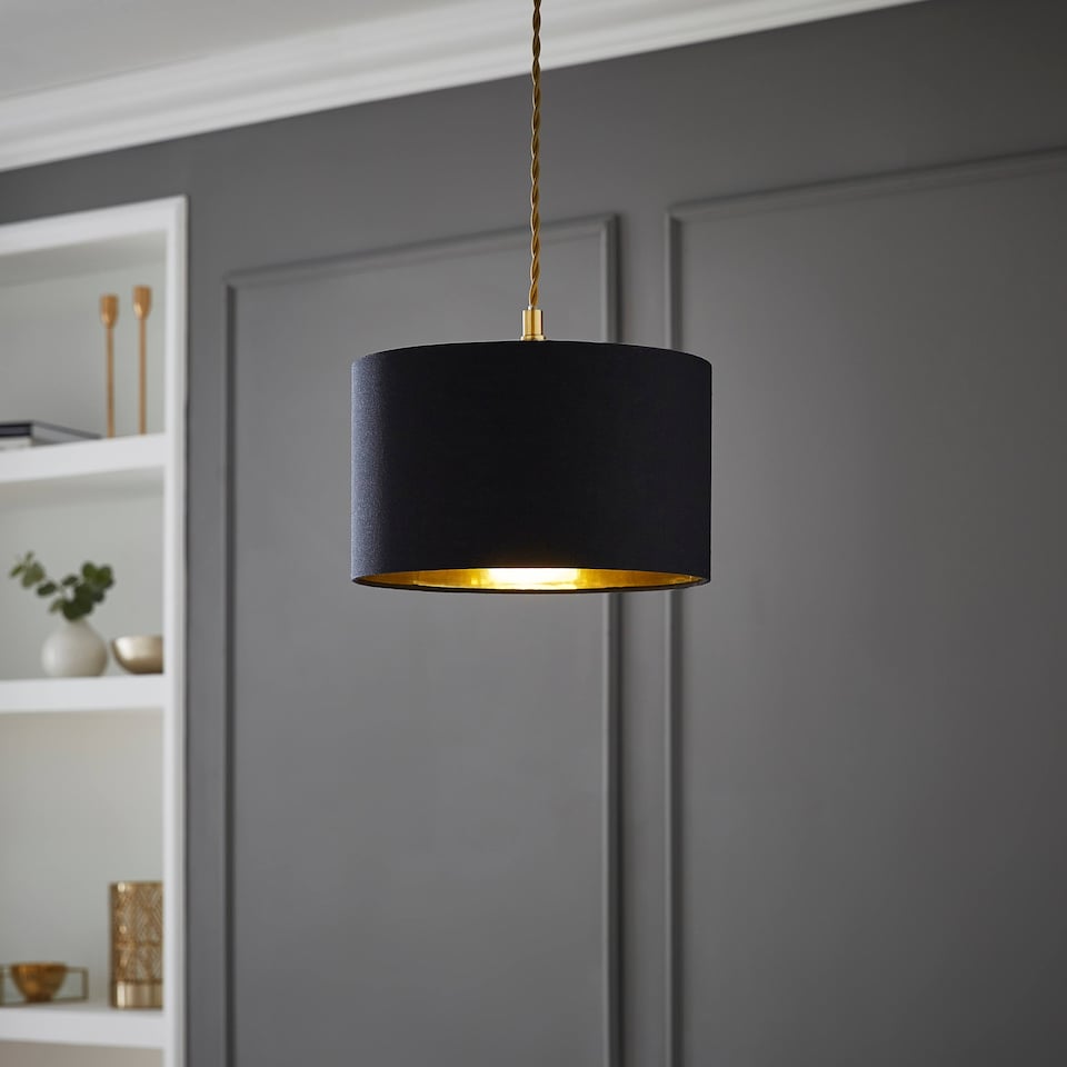 image 1 of ValueLights Reni Black Fabric Gold Inner Lamp Shade & Bulb | Black