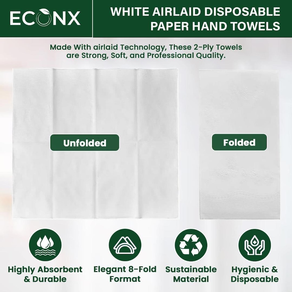 image 1 of ECONX White Paper Napkins 40cm 2 Ply Strong Paper Napkins Tissue Serviettes Cocktail Napkins Pack of 1000