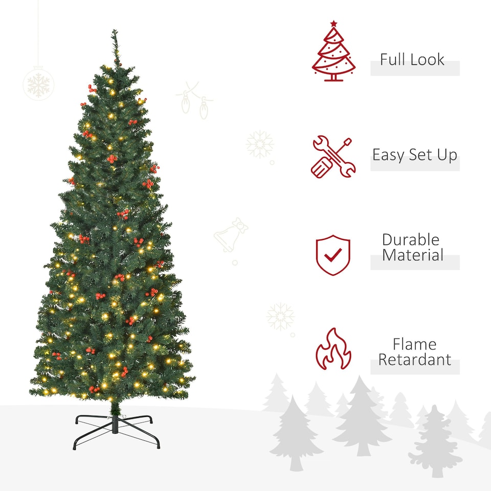 image 1 of HOMCOM 6FT Prelit Pencil Christmas Tree w/ LED Light, Berry, Xmas Decoration