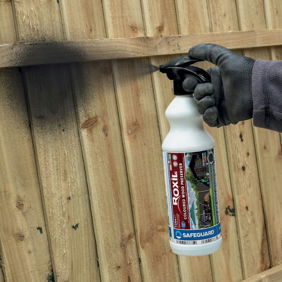 image 1 of Roxil Wood Stain Preserver 1L Spray (Charcoal) for Decking, Fence, Shed, Furniture