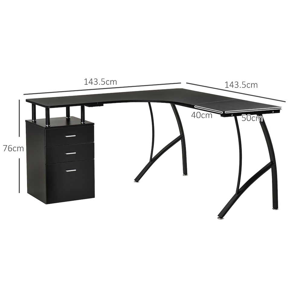 image 1 of HOMCOM L-Shaped Computer Desk Table with Storage Drawer, Home Office Desk Corner Industrial Style Workstation for A4 Files 143.5 x 143.5 x 76cm, Black