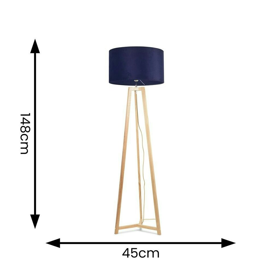image 1 of ValueLights Lottie Natural Wood Tripod Floor Lamp with Navy Blue Velvet Drum Shade and LED Bulb