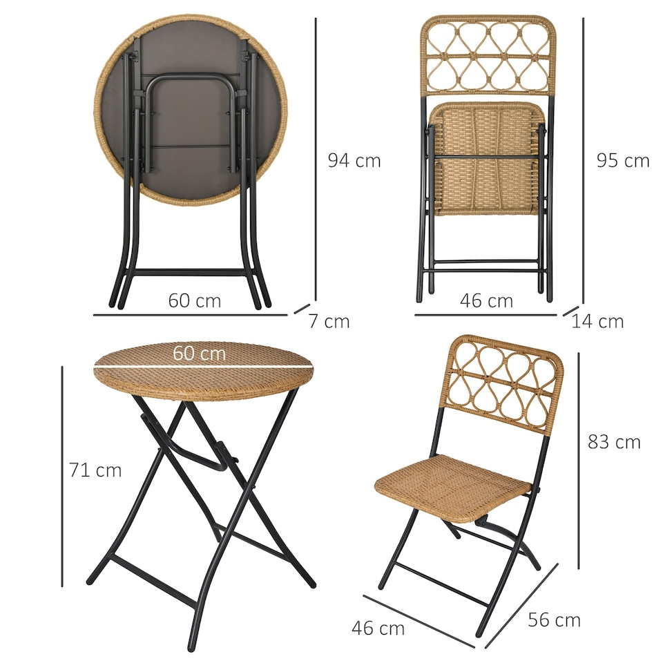 image 1 of Outsunny 3 PCS Folding Rattan Wicker Bistro Set, Coffee Table Set