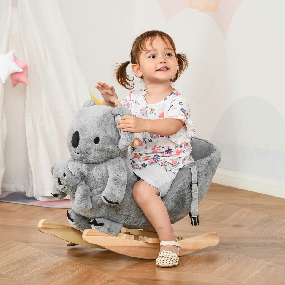 image 1 of HOMCOM Kids Plush Ride-On Rocking Horse Koala-shaped Toy w/ Gloved Doll Grey