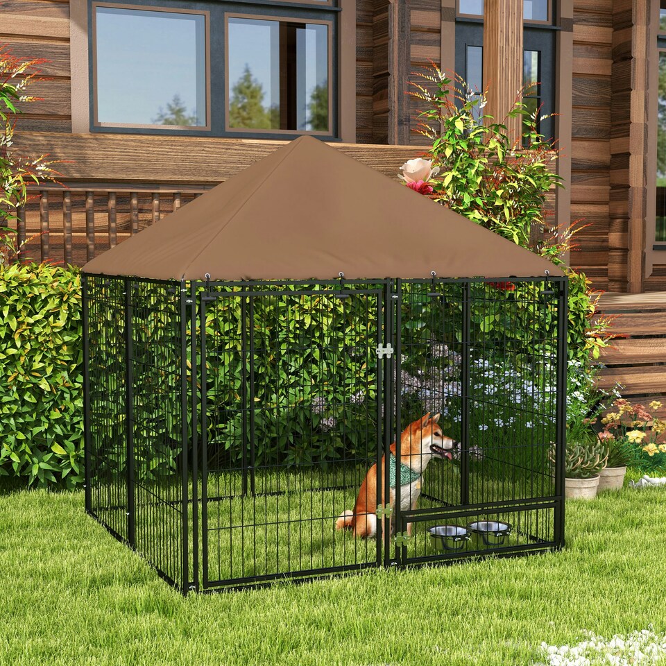 image 1 of PawHut Outdoor Dog House Kennel with Canopy Top & Lock Rotating Bowl Holder