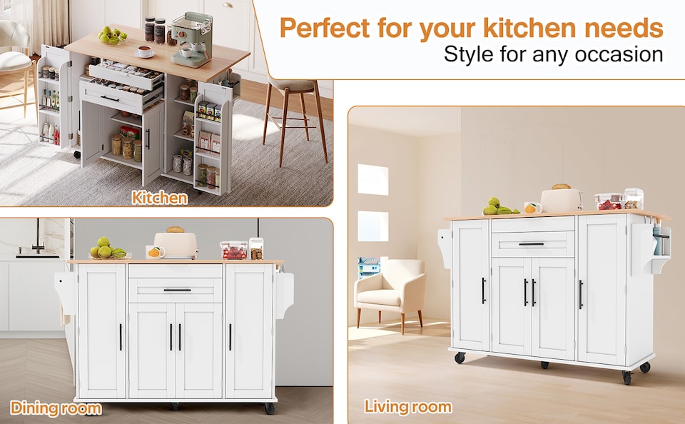 image 1 of VILUXE Mobile Kitchen Island with Foldable Worktop, Hidden Cutlery Drawer, Large Drawer, Adjustable Shelves, Door Racks, Towel Rack, Spice Rack and 5 Wheels, White and Natural Wood