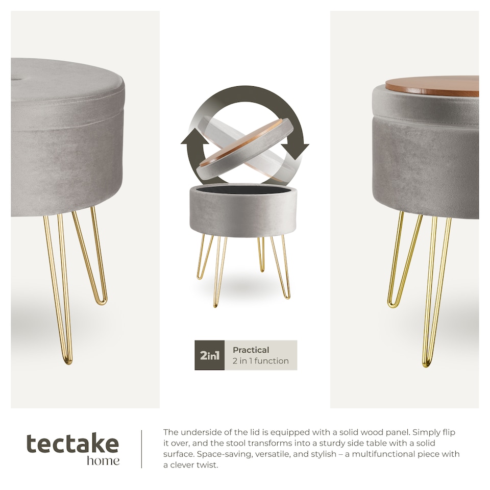 image 1 of Stool Ava - round, padded velvet look, with storage space | Grey | light grey | 37,50 x 37,50 x 44,50 cm | 1