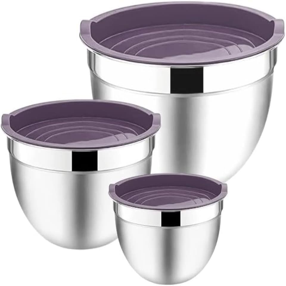 Mixing Bowl Set of 3, Stainless Steel Nesting Bowls Air Tight Black lids (14,16 & 18 cm Diameter)