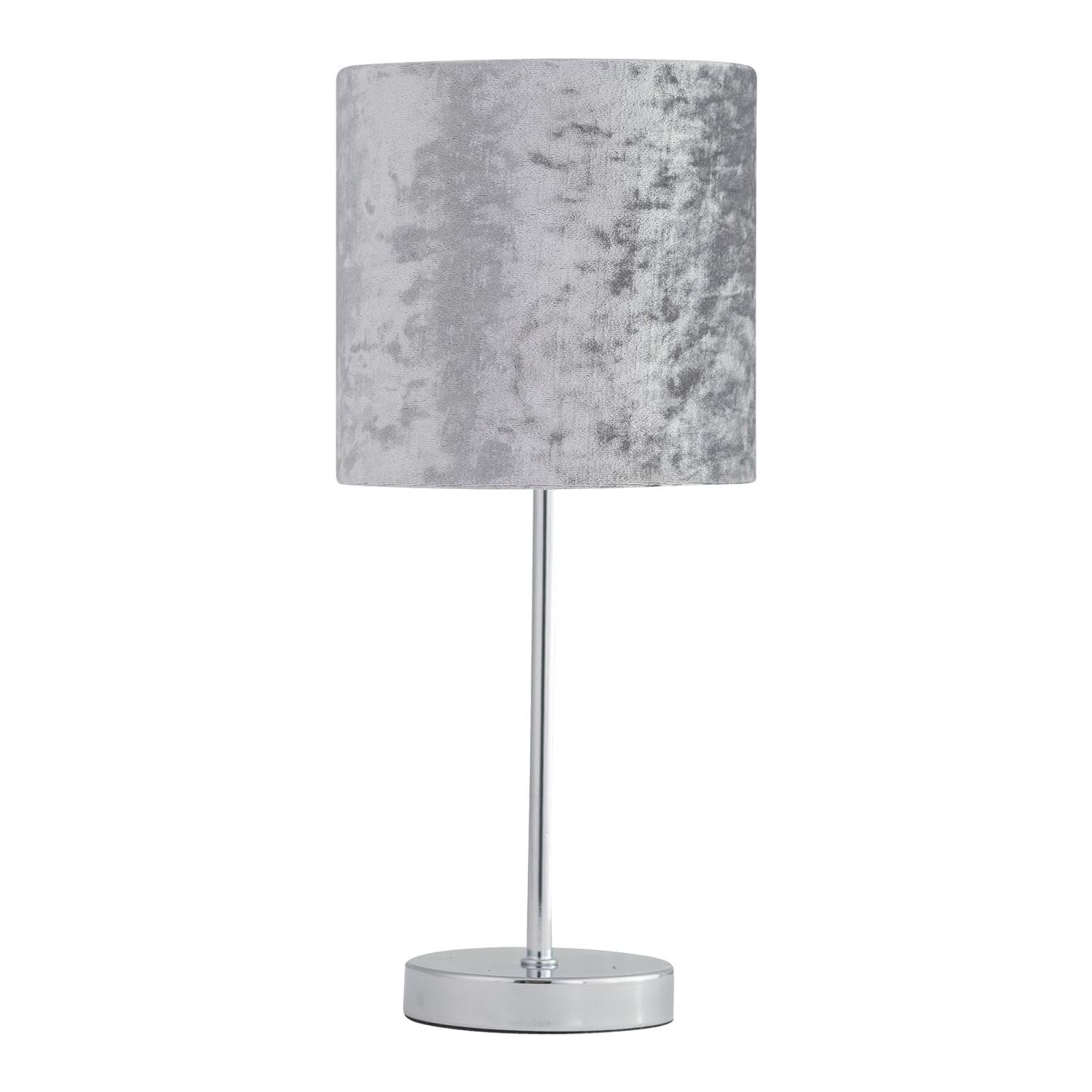 First Choice Lighting Chrome Stick Table Lamp with Grey Crushed Velvet Shade in Silver