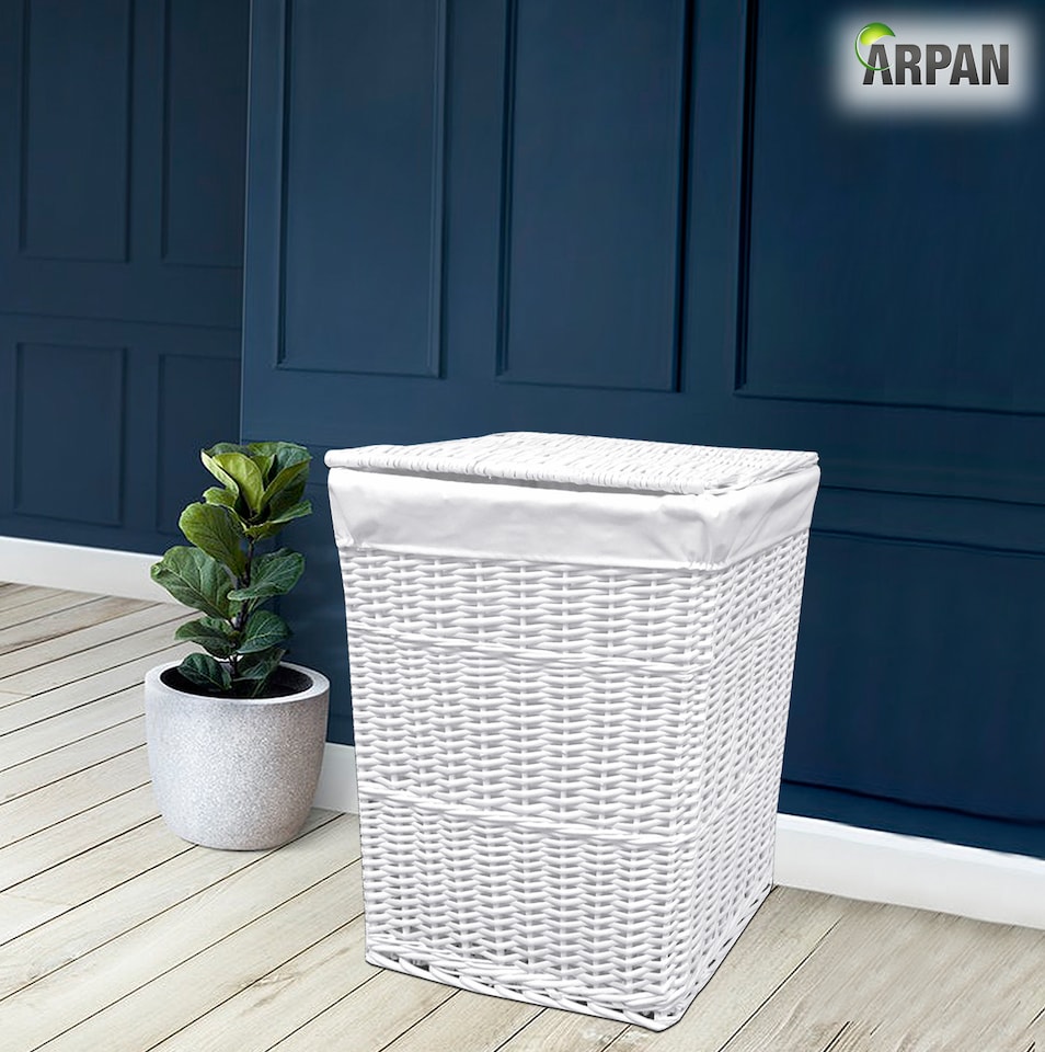 image 1 of ARPAN White Wicker Laundry Basket with Lid & Removable Washable Liner, Natural Woven Clothes Washing Hamper, Laundry Storage Basket for Bedroom, Bathroom & Utility Room