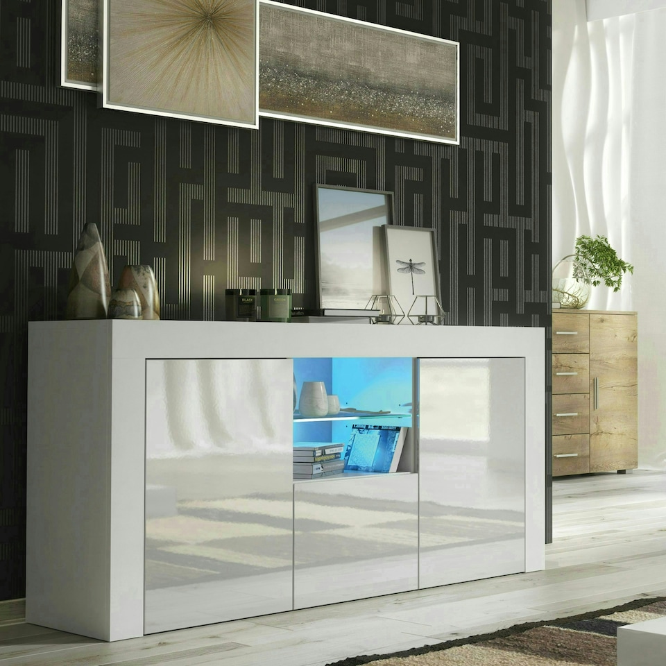 image 1 of White TV Unit 145cm Gloss Doors Free LED Modern Media Cabinet | White | One Size | 1