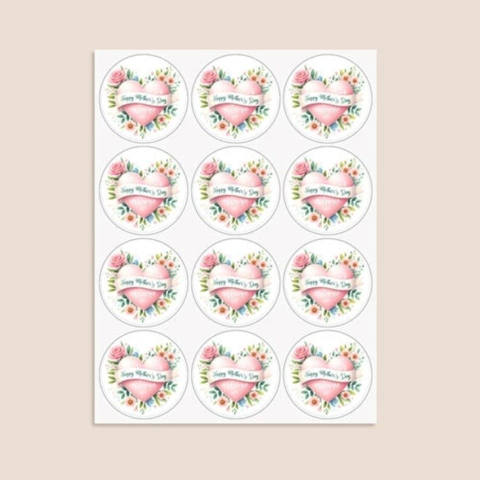 image 1 of Mother's Day Pink Heart Round Stickers 60mm - Sheet of 12