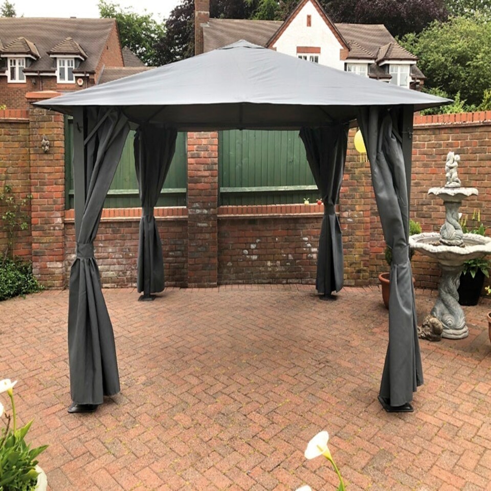 image 1 of Highfield Gazebo Outdoor Garden BBQ Shelter, Party Tent with Curtains and Apex Canopy - L210 x W210 x H260 cm - Grey