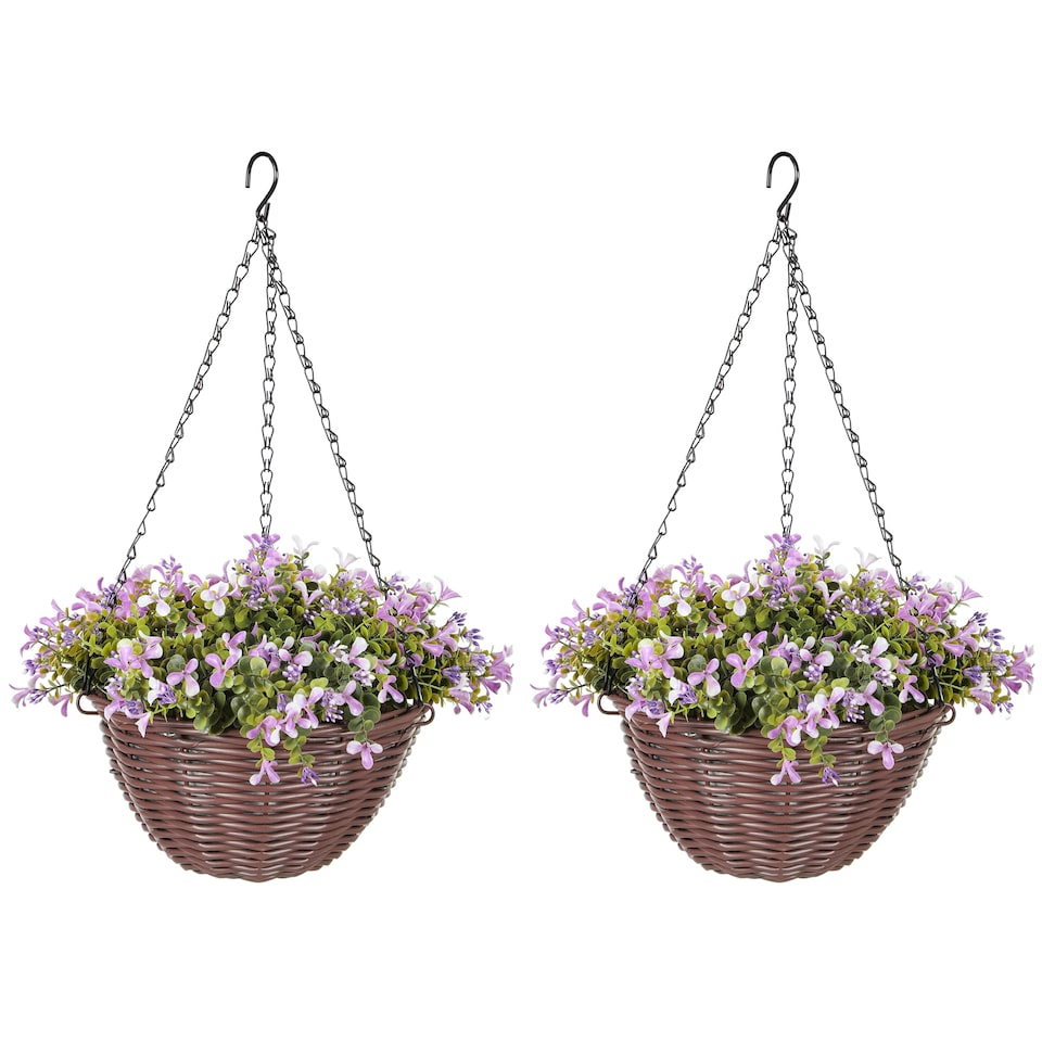 image 1 of HOMCOM Artificial Flowers in Basket Set of 2 with 75 Leaves and 15 Flowers | Purple | Purple