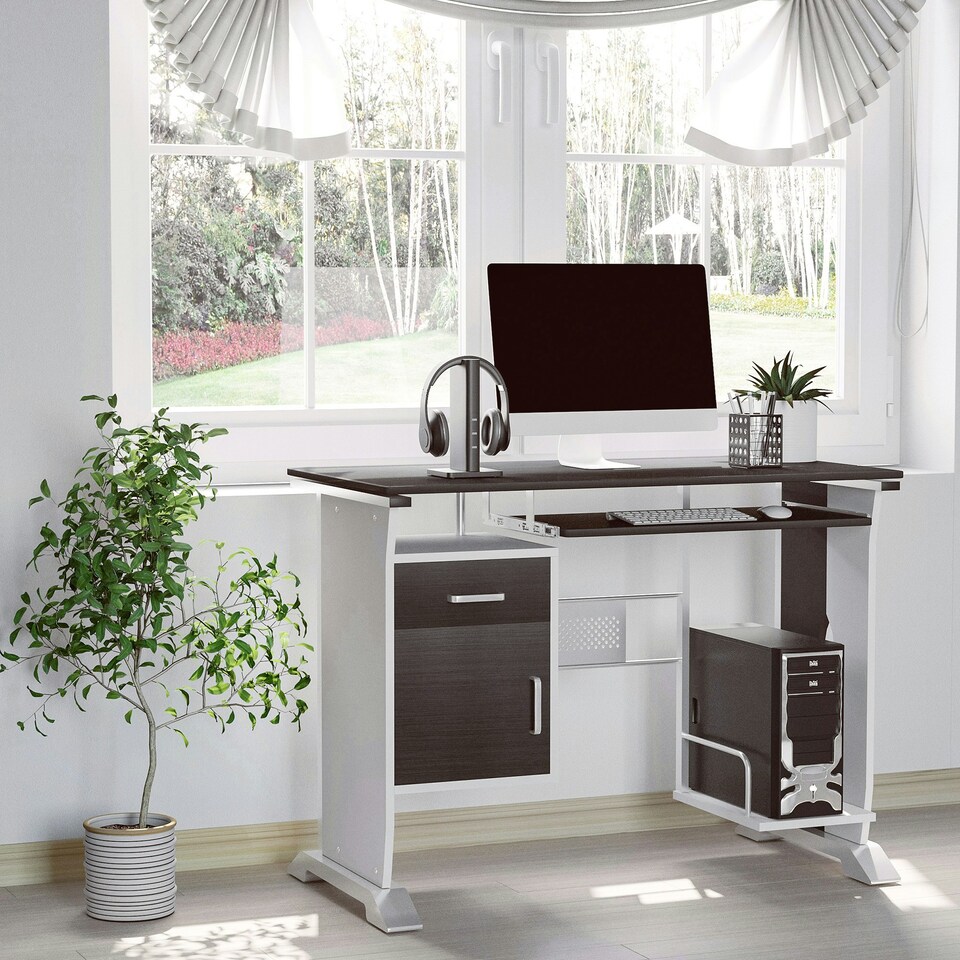 image 1 of HOMCOM Computer Desk Drawer PC Writing Wooden Workstation Keyboard Walnut