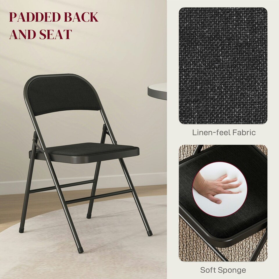 image 1 of HOMCOM 4 Pack Linen-Look Padded Folding Chairs with Cushioned Seat Black