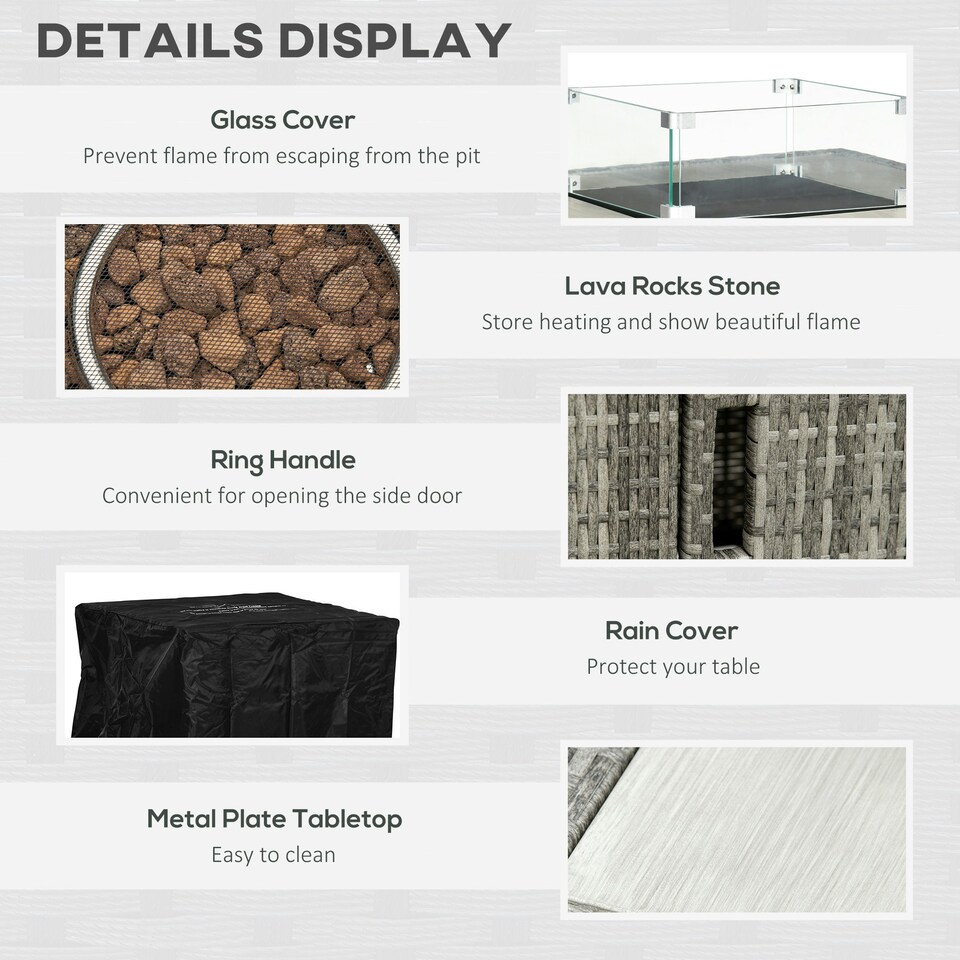 image 1 of Outsunny Gas Fire Pit Table w/ Rain Cover, Windscreen & Lava Stone, 50,000 BTU
