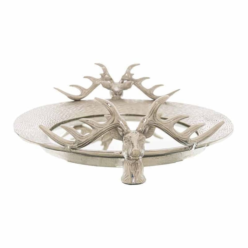 image 1 of Large Mirrored Tray with Stag Heads - Glass/Metal - L35 x W56 x H12 cm - Silver
