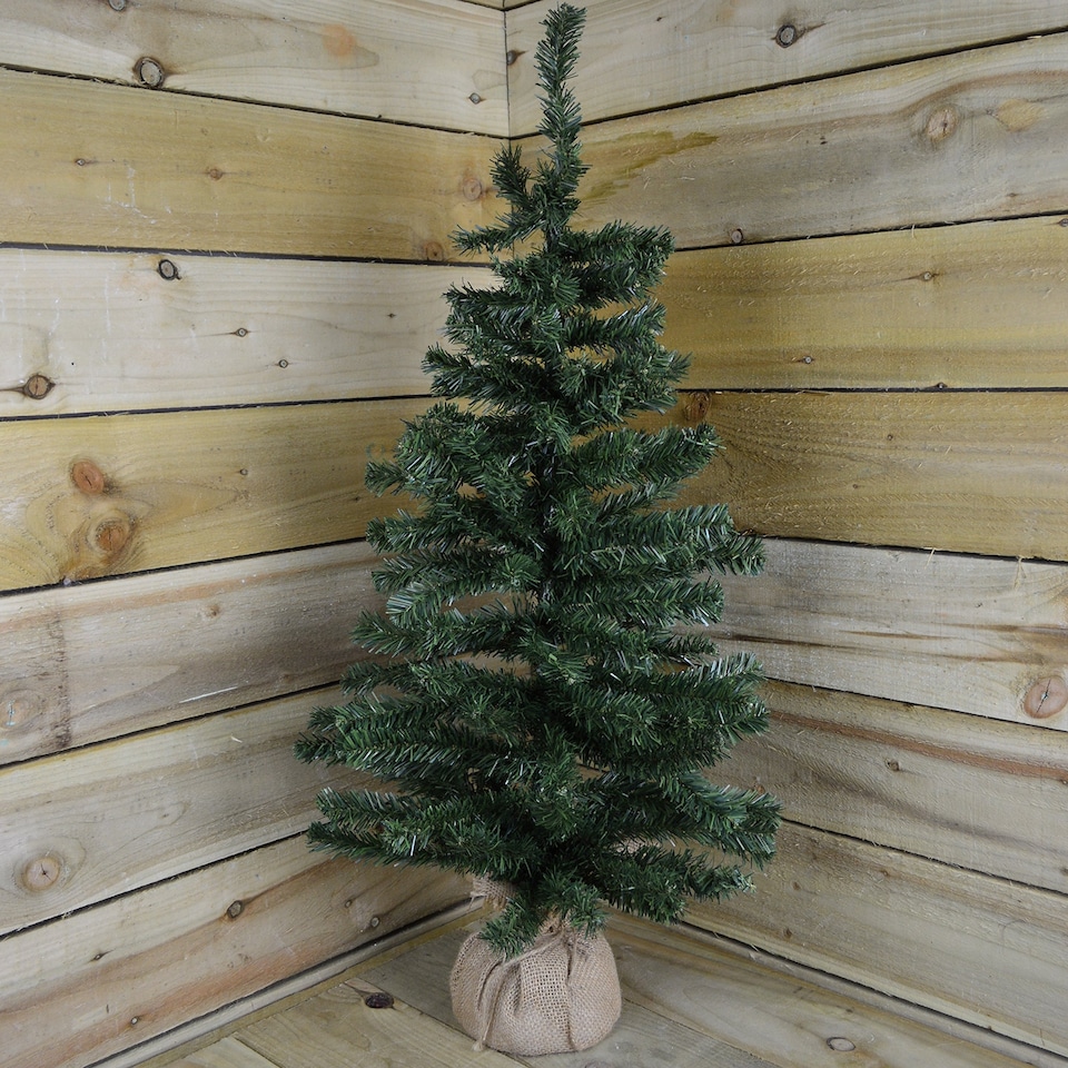 image 1 of 3ft (90cm) Mini Plain Green PVC Christmas Tree in a Jute Bag