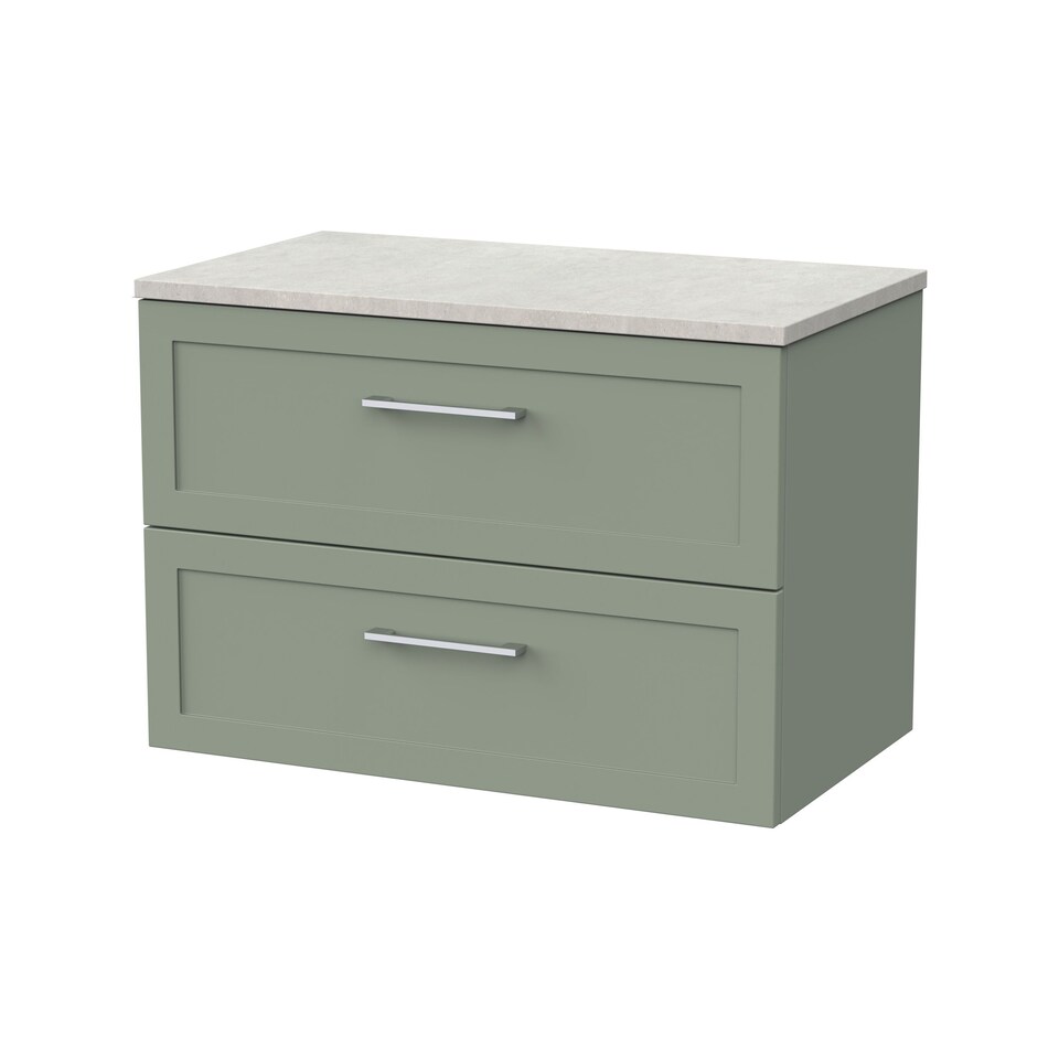 image 1 of Balterley Stonnall Traditional Wall Hung 2 Drawers Vanity Unit with White Sparkle Laminate Worktop, 800mm, Reed Green