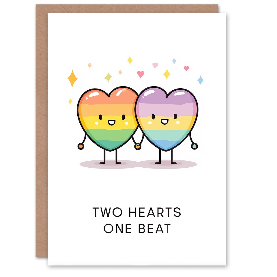 image 1 of Two Adorable Lgbtq Rainbow Kawai Hearts One Beat Valentine's Day Card