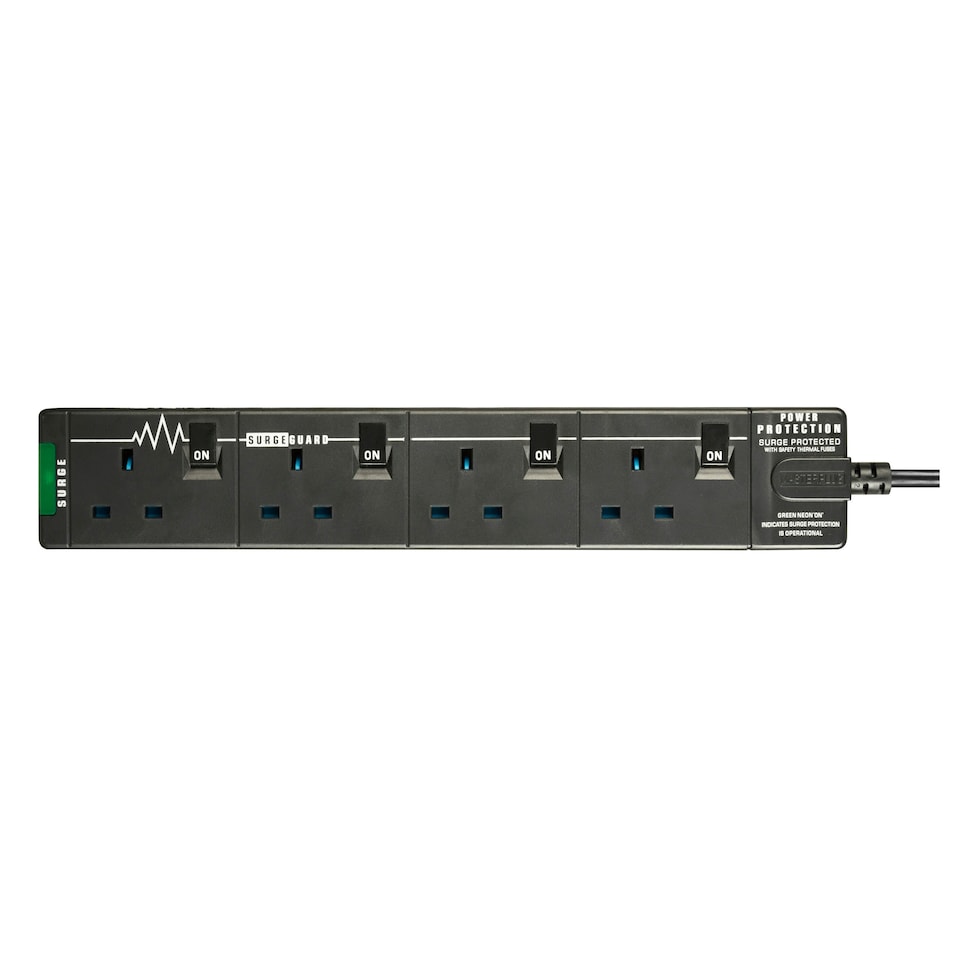 image 1 of Masterplug 4 Socket 2m Extension Lead Surge Switched & LED Black