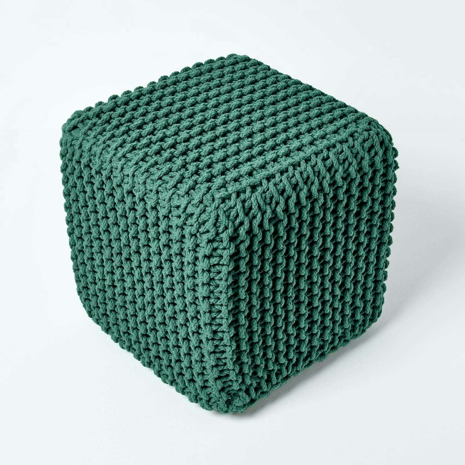 image 1 of Homescapes Forest Green Cube Cotton Knitted Pouffe Footstool