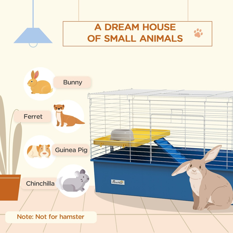 image 1 of PawHut Small Animal Cage, Rabbit Guinea Pig Hutch, Pet Playhouse, Blue