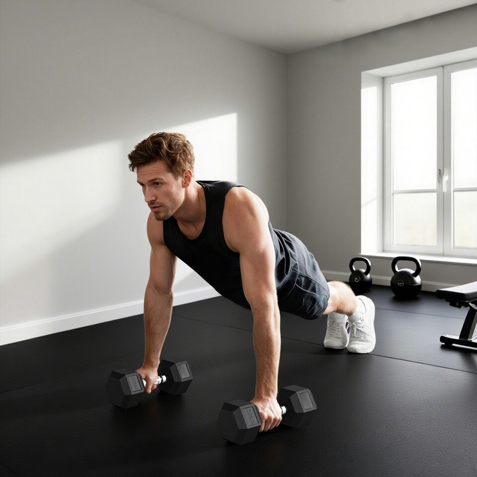 image 1 of HOMCOM 2x20KG Rubber Hex Dumbbell Portable Hand Weights Home Gym