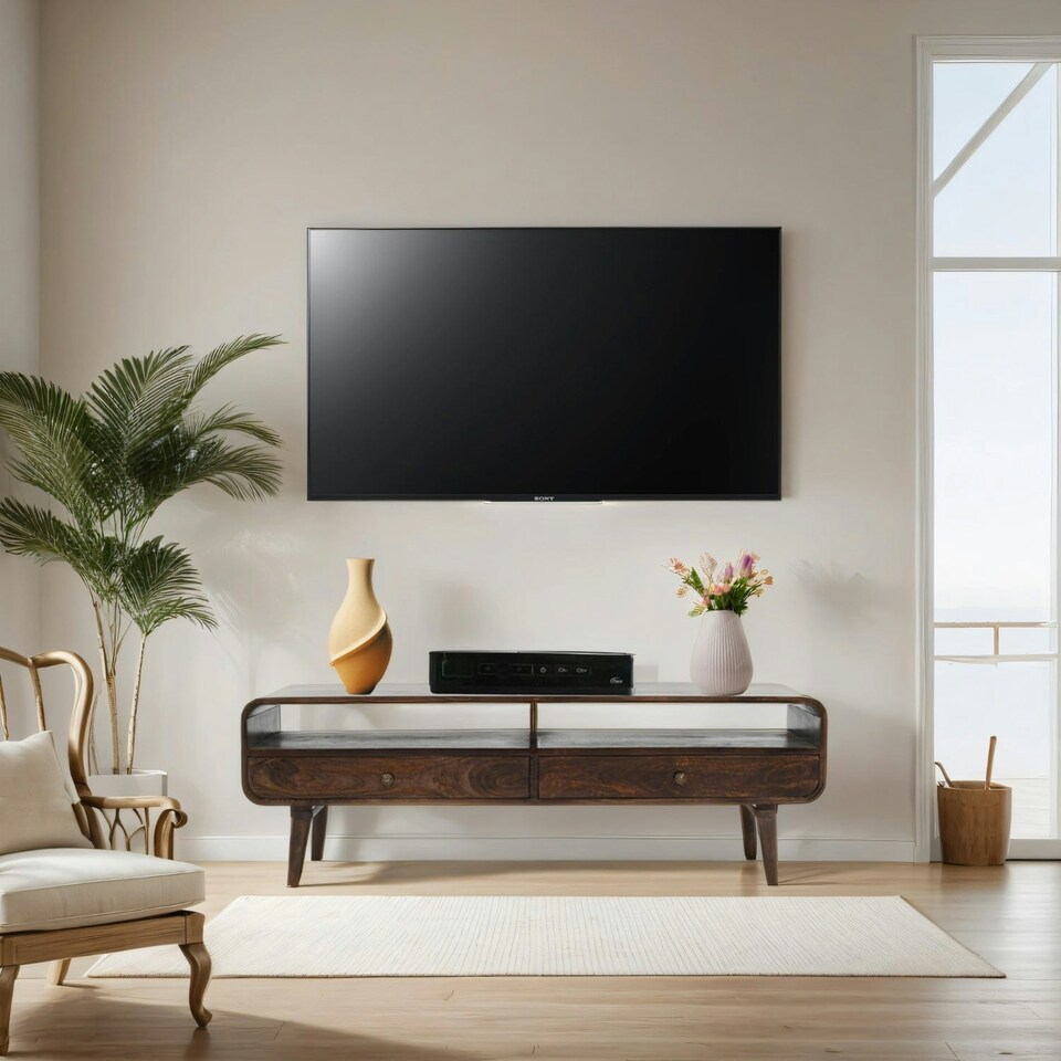 image 1 of Winnie Dark Mango Wood Large TV Stand with 2 Drawers Brown