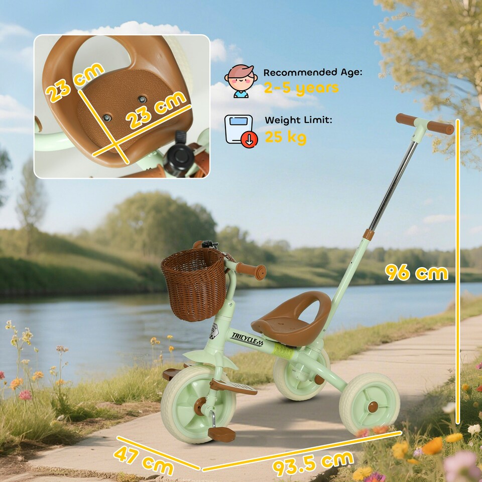 image 1 of AIYAPLAY Toddler Trike with Adjustable Parent Handle Basket for Kids, Green