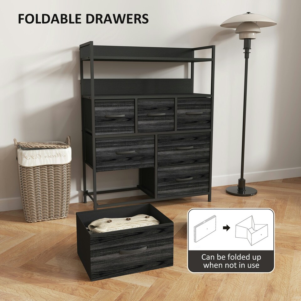 image 1 of HOMCOM Bedroom Chest of Drawers 7 Drawer Dresser w/ Shelves, Black