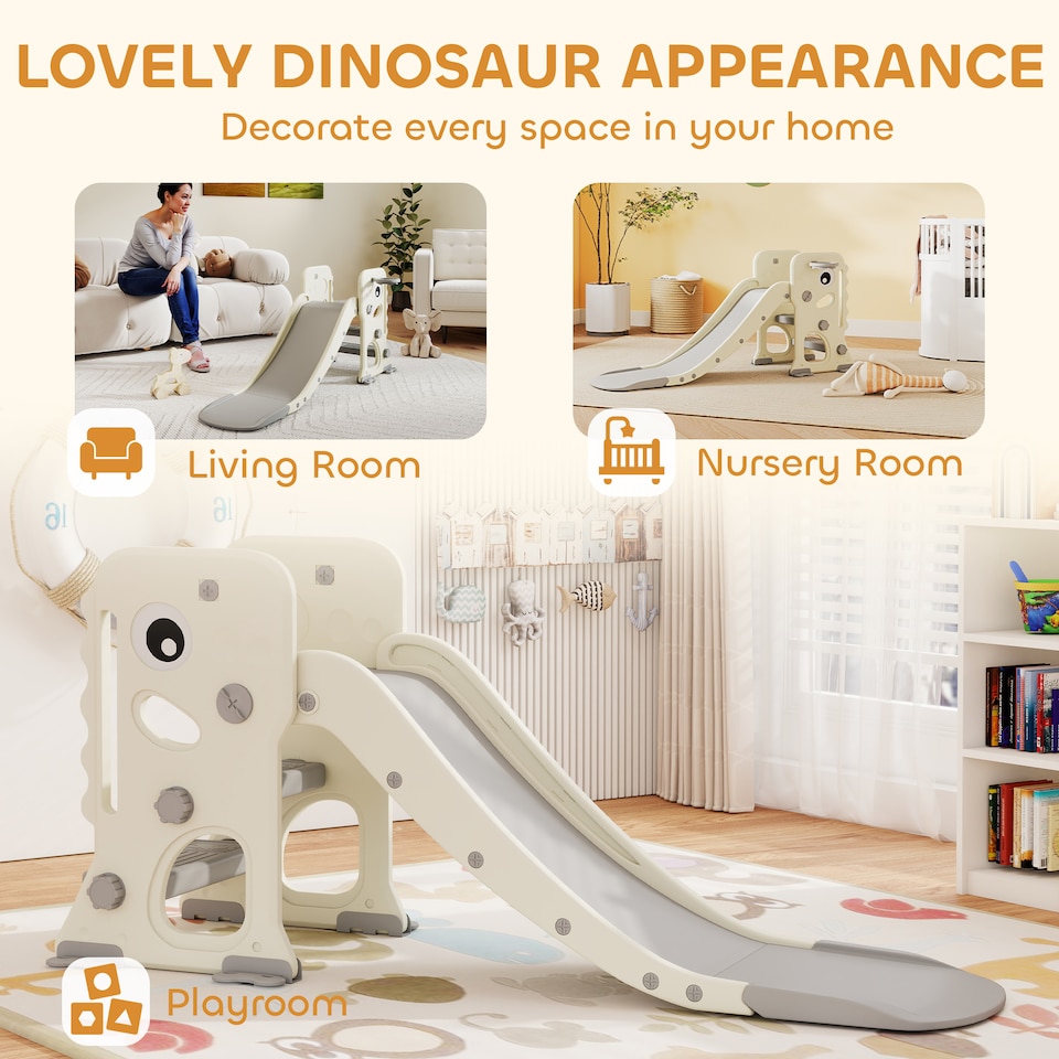 image 1 of AIYAPLAY Foldable Kids Slide with Climber, Basketball Hoop, Cream White