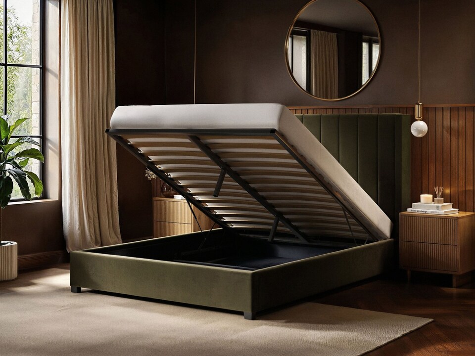 image 1 of Flair Tiggy Kingsize Ottoman Bed with Winged Headboard Khaki Velvet