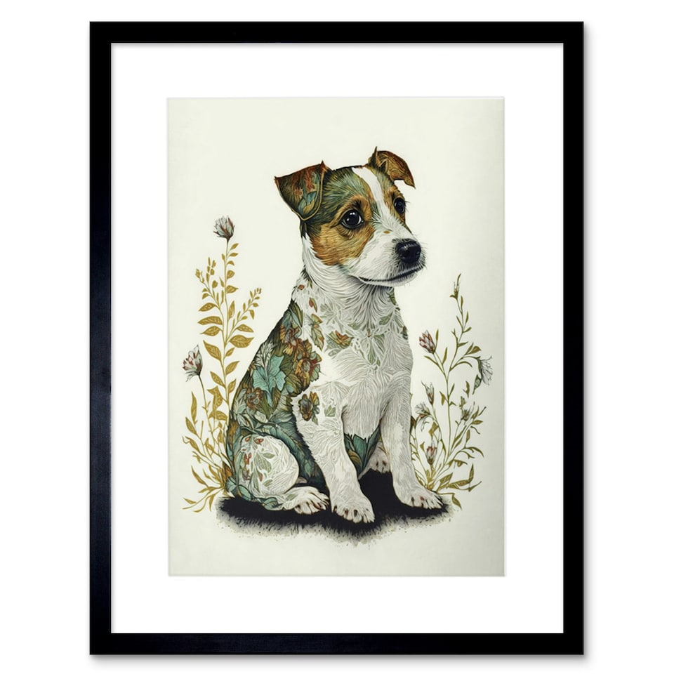 image 1 of Cute Jack Russell Dog Puppy Flower Patterns Colour Pencil 9x7" Black Framed Wall Art Print