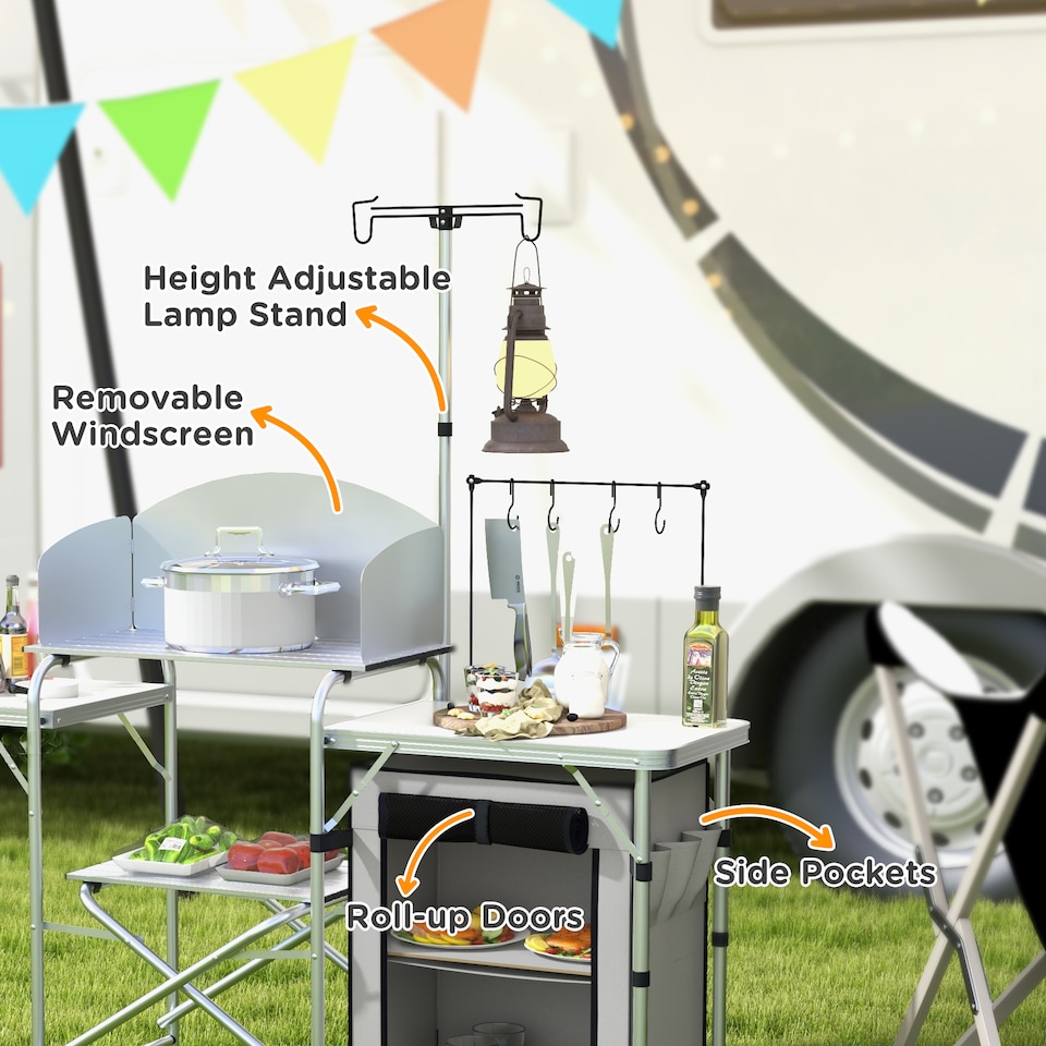 image 1 of Outsunny Camping Kitchen with Cupboard Folding Camping Table with Carrying Bag