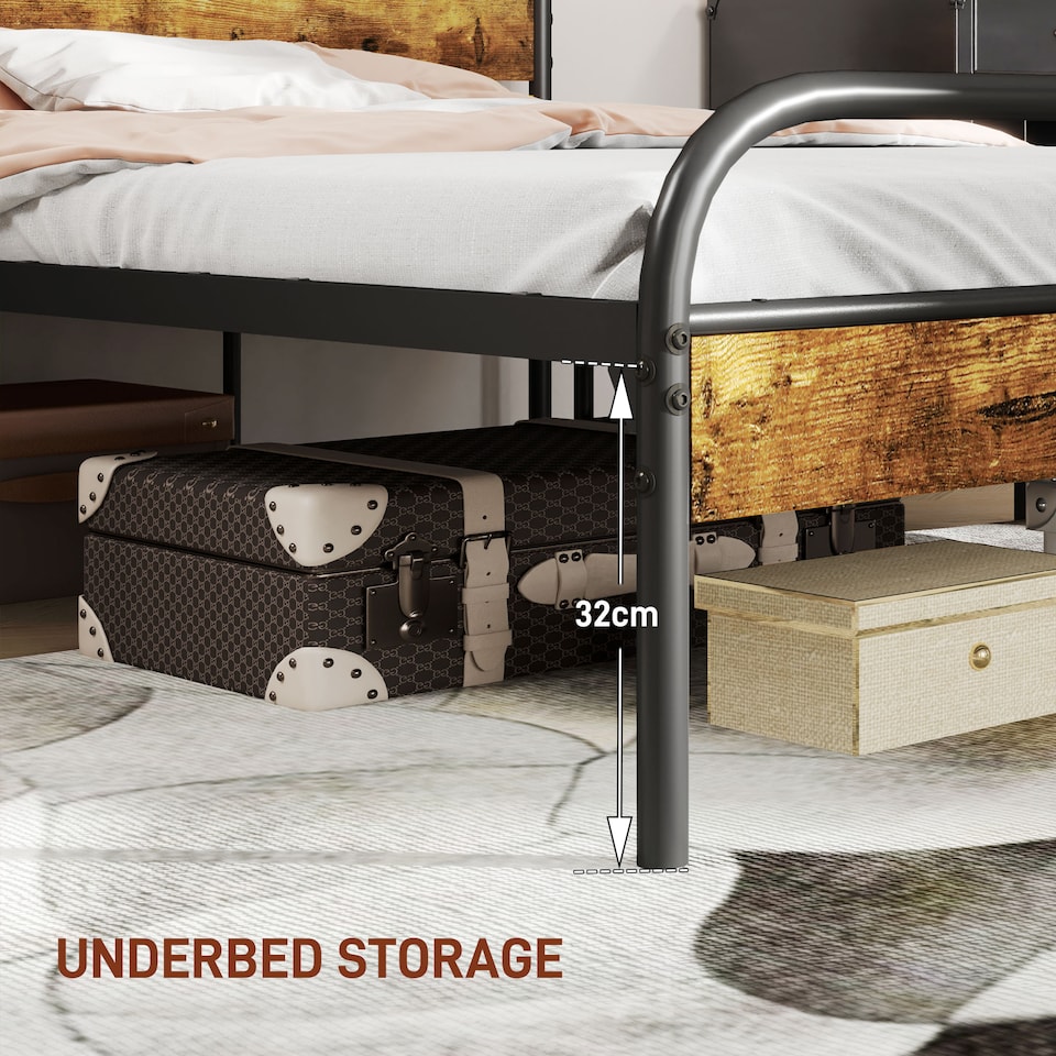 image 1 of HOMCOM 5ft King Size Bed Frame with Headboard, Platform Bed Frame with Underbed Storage, Slat Support, No Box Spring Needed, Easy Assembly, Rustic Brown